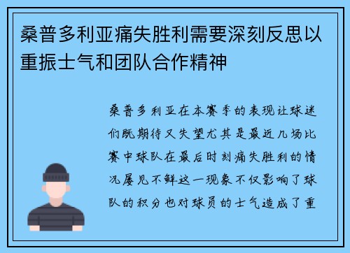 桑普多利亚痛失胜利需要深刻反思以重振士气和团队合作精神