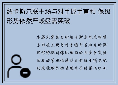 纽卡斯尔联主场与对手握手言和 保级形势依然严峻亟需突破