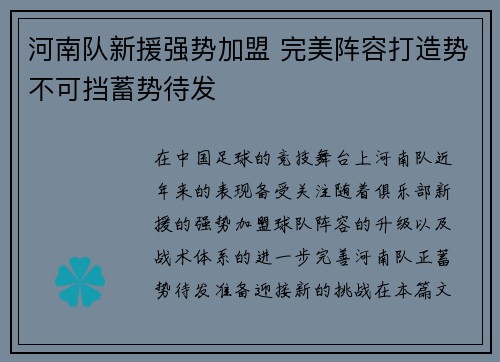 河南队新援强势加盟 完美阵容打造势不可挡蓄势待发