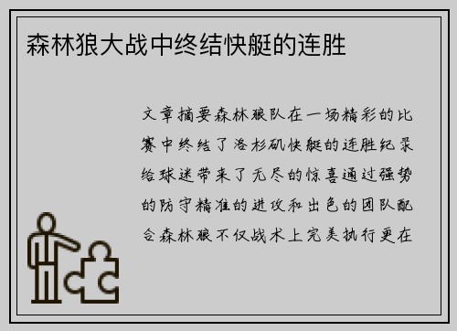 森林狼大战中终结快艇的连胜