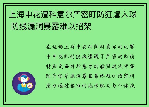 上海申花遭科意尔严密盯防狂虐入球 防线漏洞暴露难以招架