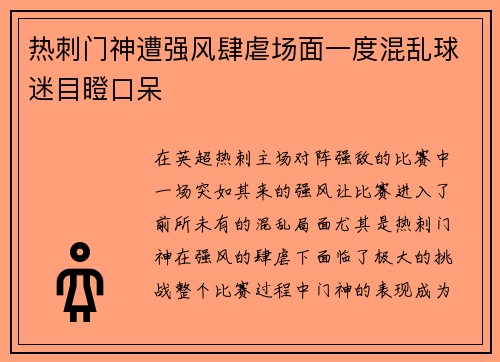热刺门神遭强风肆虐场面一度混乱球迷目瞪口呆