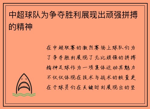 中超球队为争夺胜利展现出顽强拼搏的精神