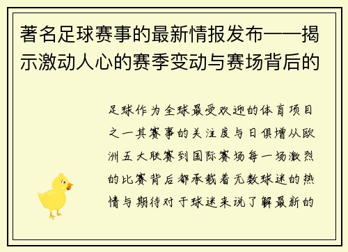 著名足球赛事的最新情报发布——揭示激动人心的赛季变动与赛场背后的精彩故事
