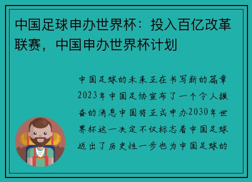 中国足球申办世界杯：投入百亿改革联赛，中国申办世界杯计划