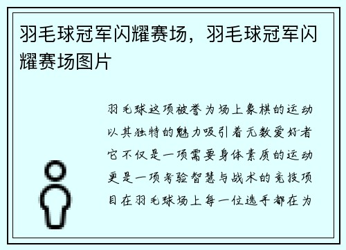 羽毛球冠军闪耀赛场，羽毛球冠军闪耀赛场图片