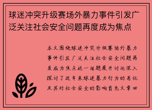 球迷冲突升级赛场外暴力事件引发广泛关注社会安全问题再度成为焦点