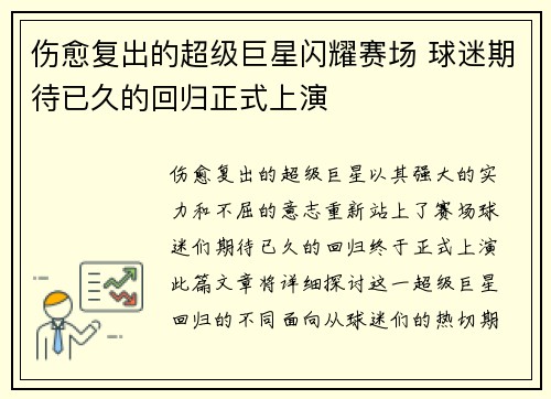 伤愈复出的超级巨星闪耀赛场 球迷期待已久的回归正式上演